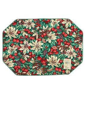 Vintage Christmas Placemat Set of 6 Red Green Floral Cotton 17x12 Made in USA Su